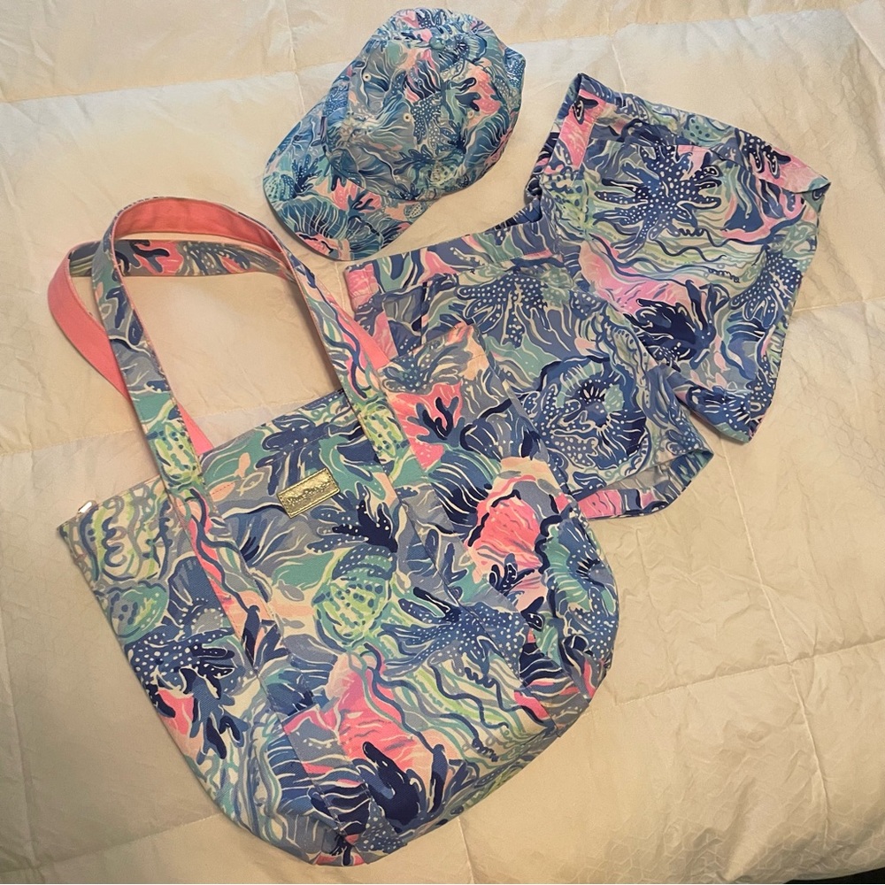 Lilly Pulitzer Matching Cap/Shorts- Sz S/Cooler-Tote Combo